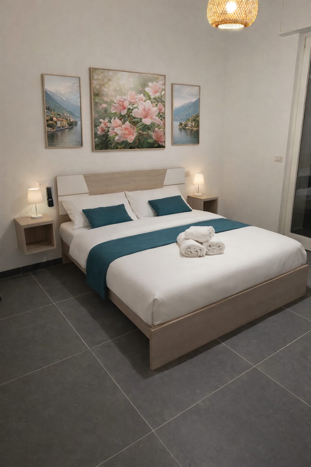 Camera Azalea con letto matrimoniale, dettagli verde petrolio e stampe floreali