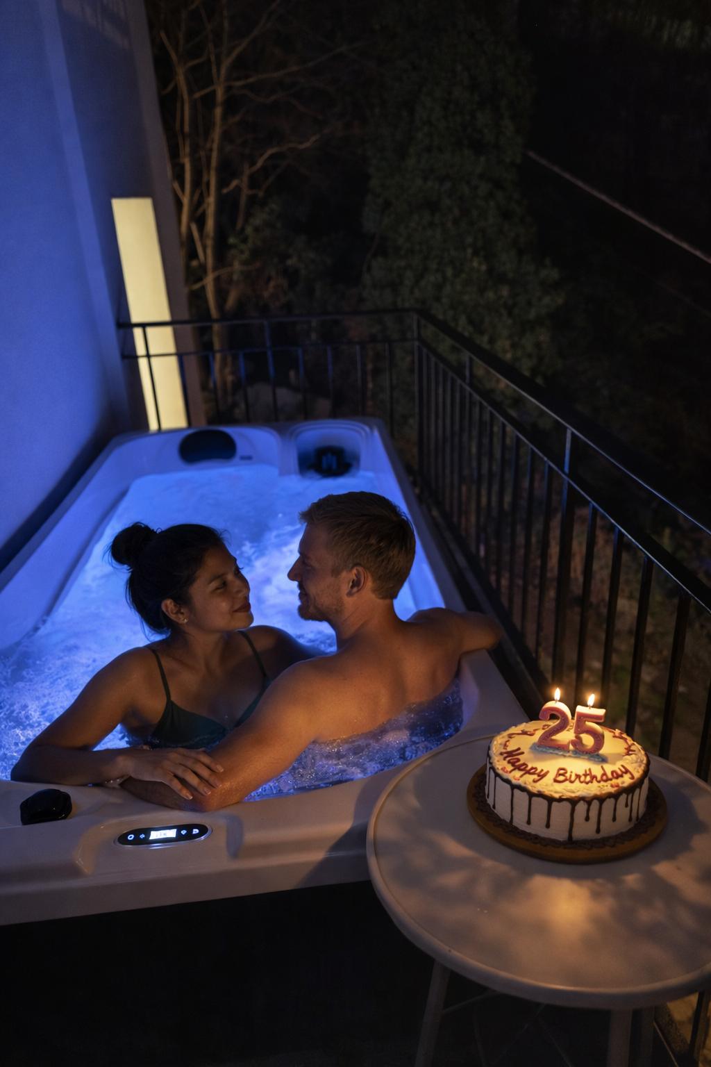 Coppia nella vasca idromassaggio esterna con una torta di compleanno